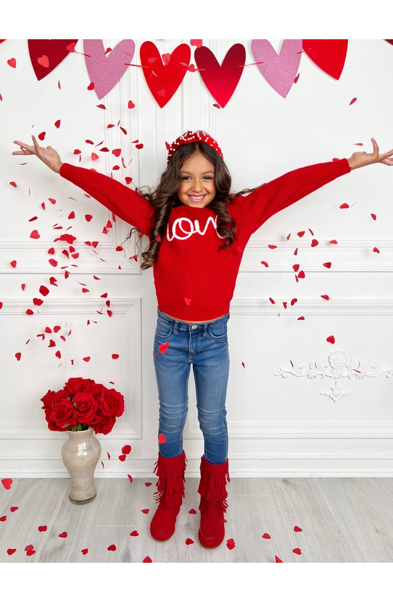 Mia Belle Girls Love At First Sight Embroidered Chunky Knit Sweater, Alternate, color, Red
