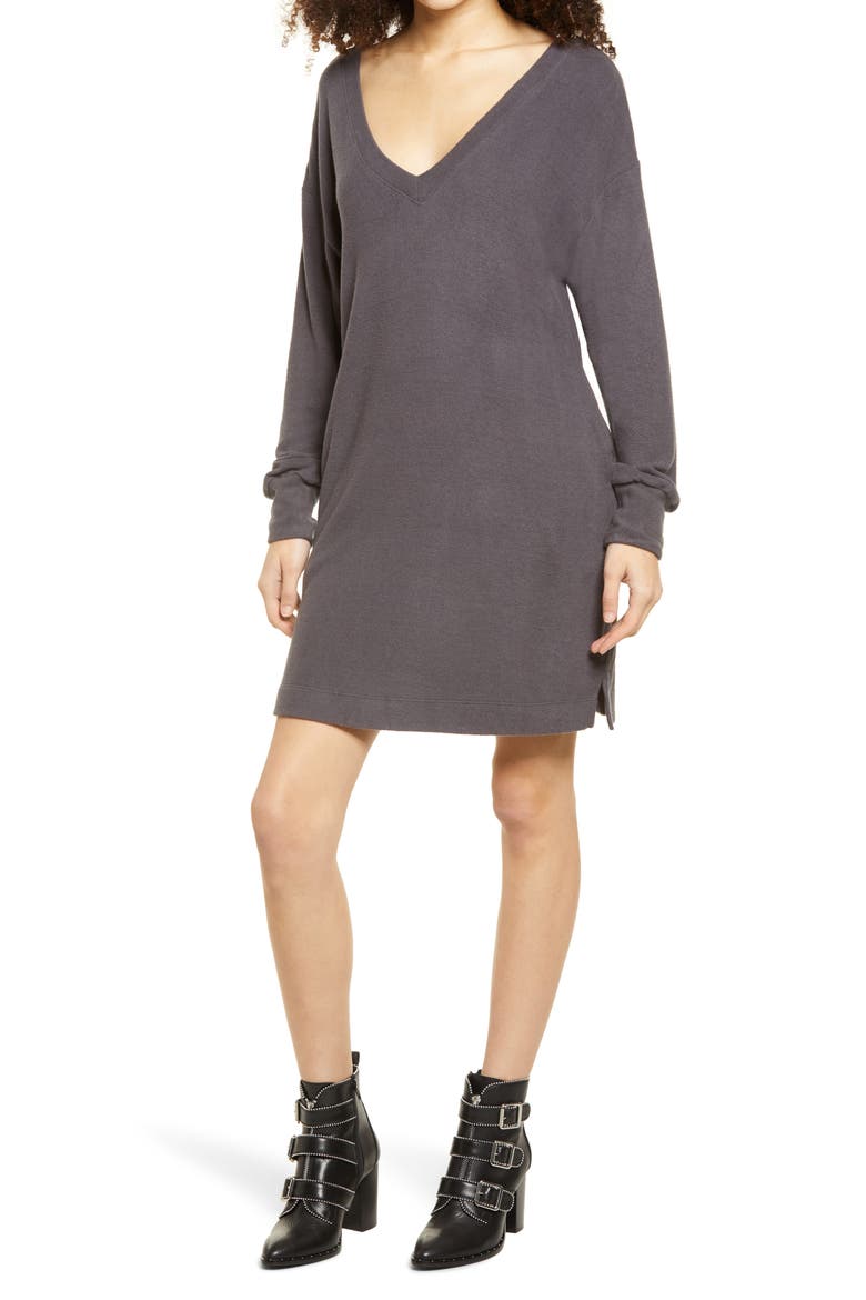 Double-V Long Sleeve Knit Dress, Main, color, DK CEMENT