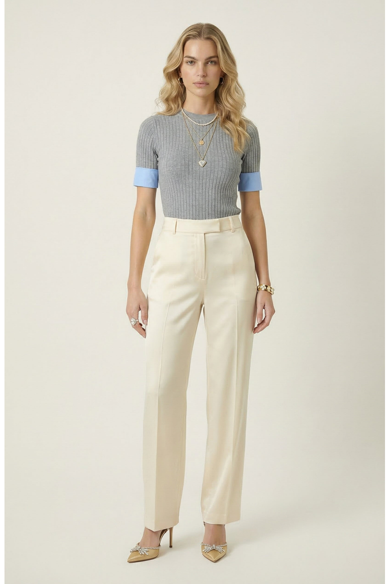 Ribbed Knit Short Sleeve Top, Alternate, color, Heather Grey / Light Blue