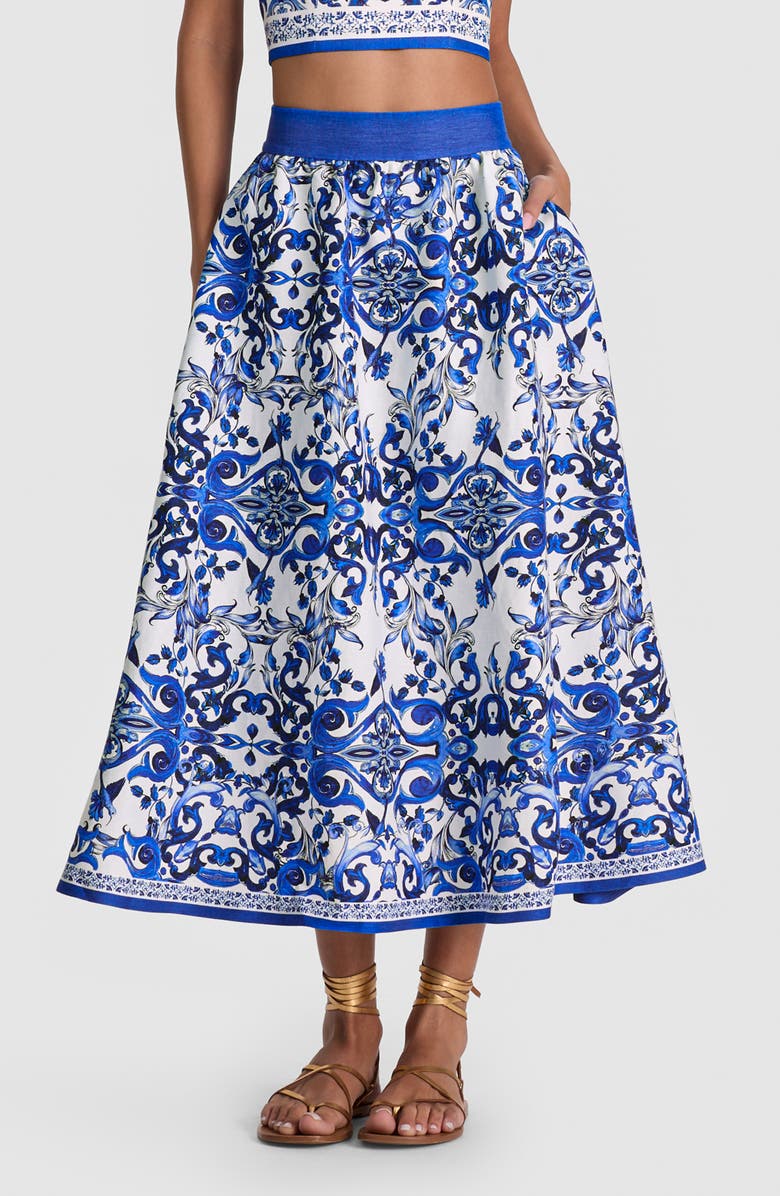 Alice + Olivia Earla High Waist Linen Blend Midi Skirt, Alternate, color, Solstice