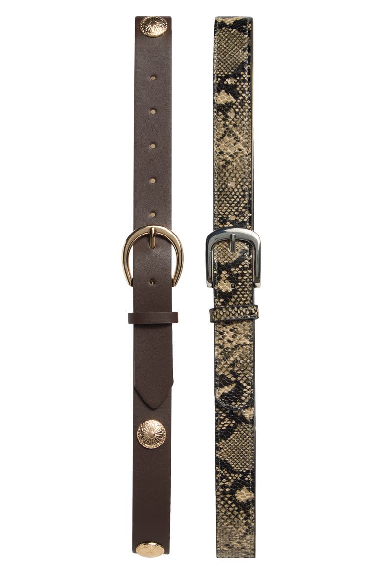 Set of 2 Faux Leather & Faux Snakeskin Belts, Main, color, DK BROWN/ TAUPE
