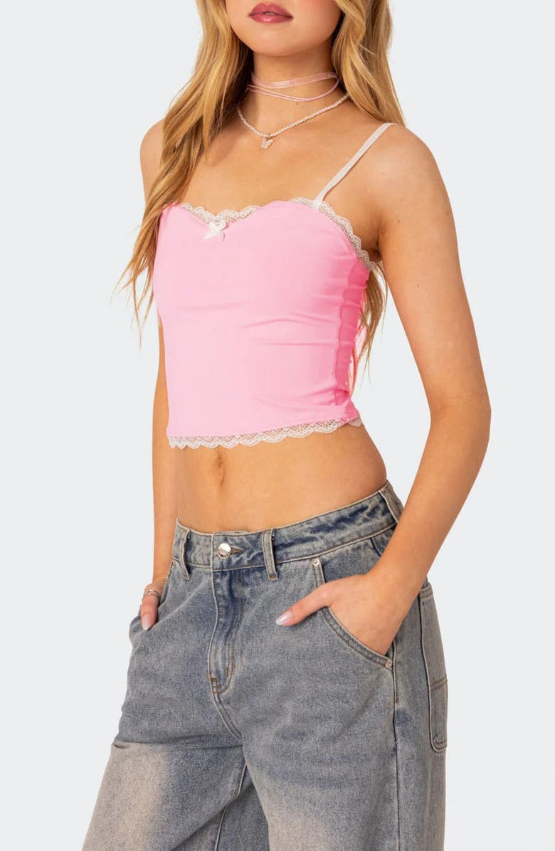 EDIKTED Alara Lace Trim Crop Camisole, Alternate, color, Pink