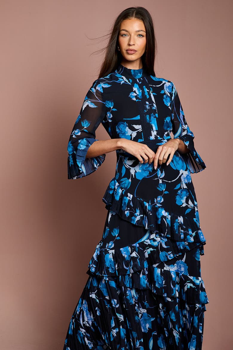 Pleated Frill Chiffon Maxi Dress, Alternate, color, Navy