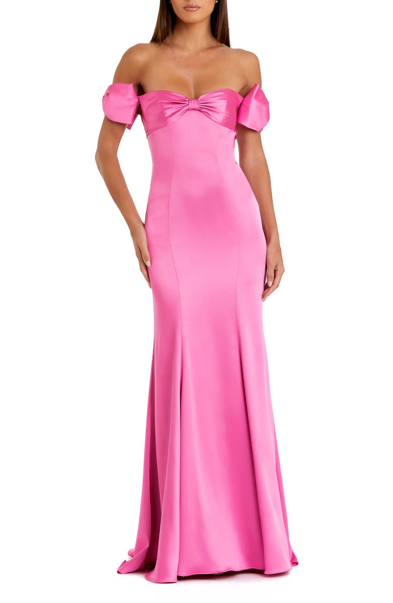 Mac Duggal Off The Shoulder Statement Bow Satin Mermaid Gown, Main, color, Pink