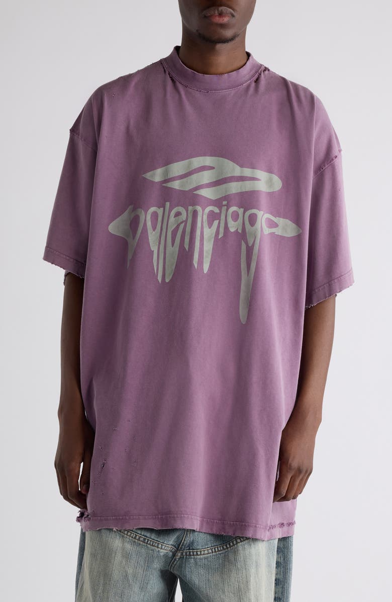 Balenciaga Distressed Oversize Liquefied 3B Logo Graphic T-Shirt, Main, color, 