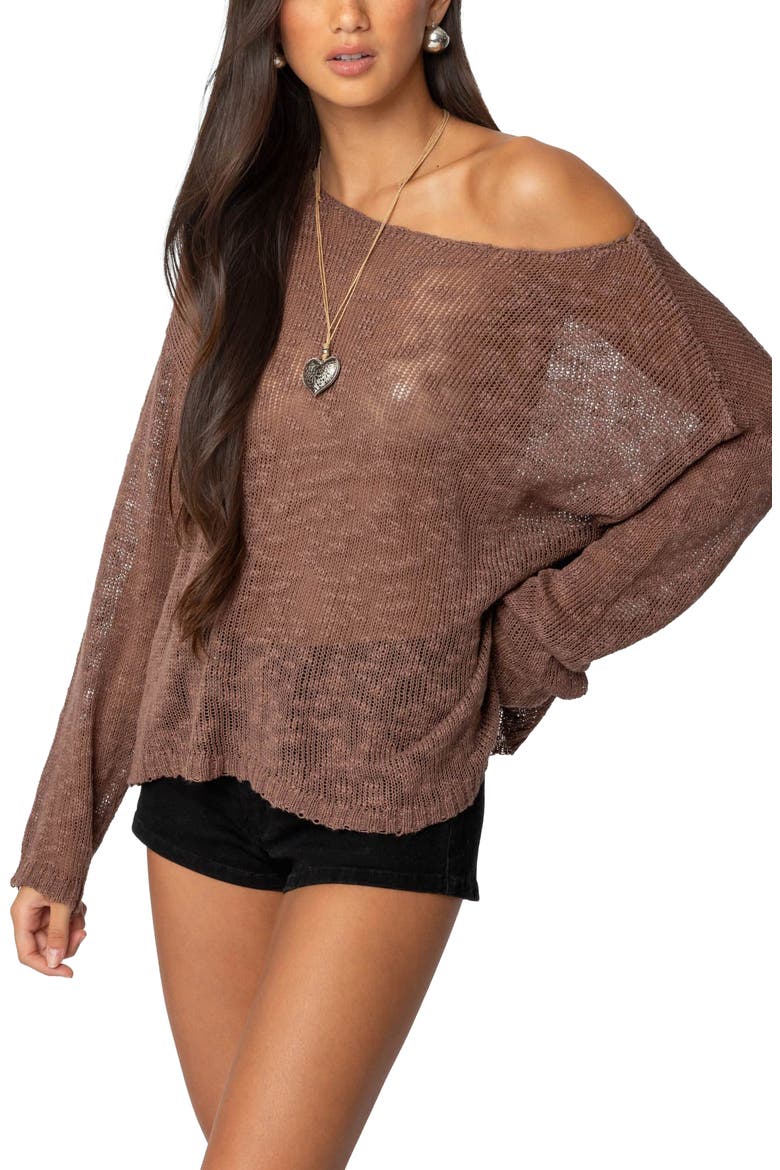 Bri Open Stitch Boat Neck Cotton Blend Sweater, Alternate, color, BROWN