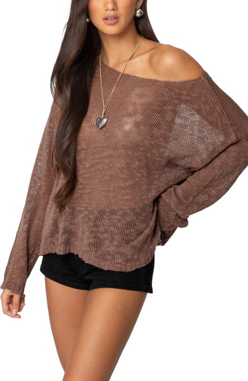 Edikted Bri One-shoulder Open Stitch Sweater In Brown