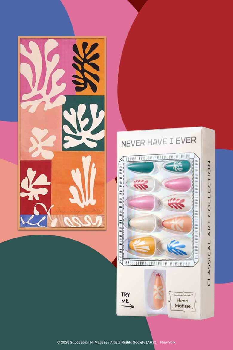 Henri Matisse Snow Flowers Almond Press On Nails, Alternate, color, Vibrant Pink