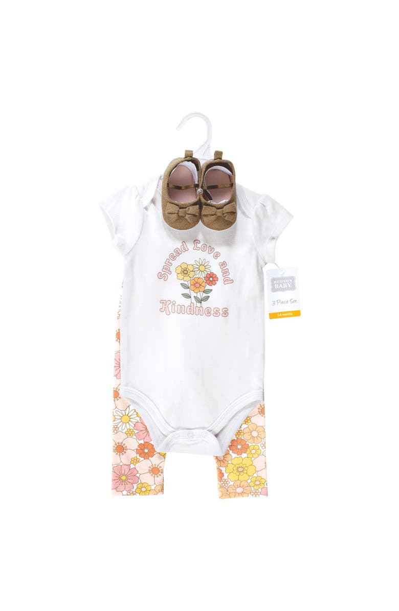 Hudson Baby Cotton Comfort 3Pk Bodysuit, Pants, and Shoes, Alternate, color, Peace Love Flowers