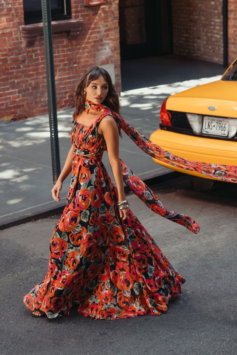 Floral Chiffon A-Line Gown with Scarf, Alternate, color, Rose