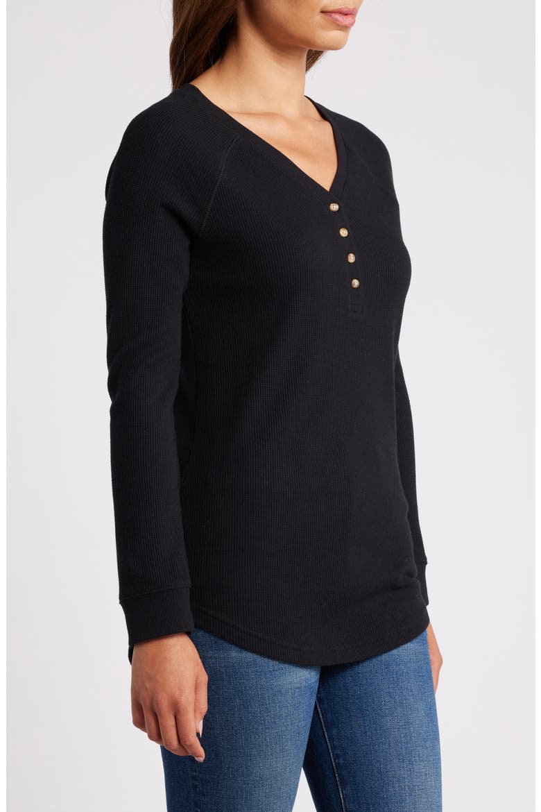 Waffle Knit Cotton Blend Henley Top, Alternate, color, BLACK