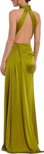 Open Back High Neck Side Ruched Gown