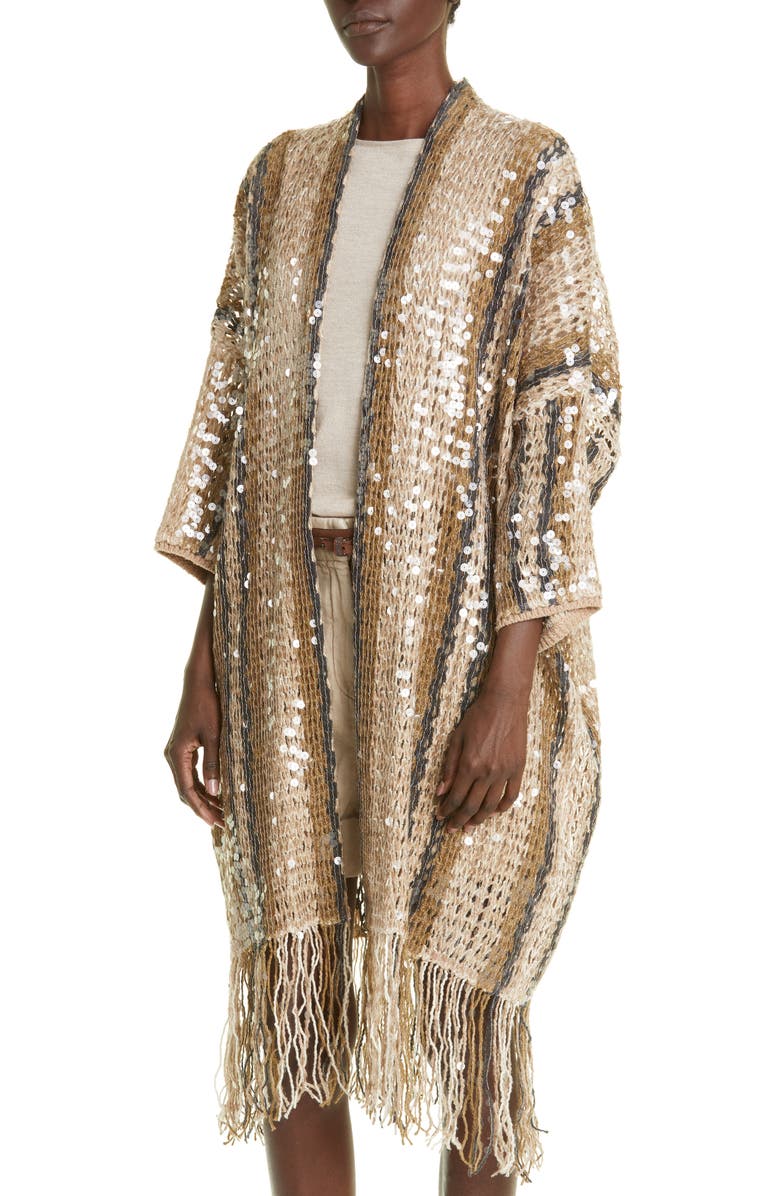 Brunello Cucinelli Sequin Stripe & Fringe Open Front Ruana, Alternate, color, 