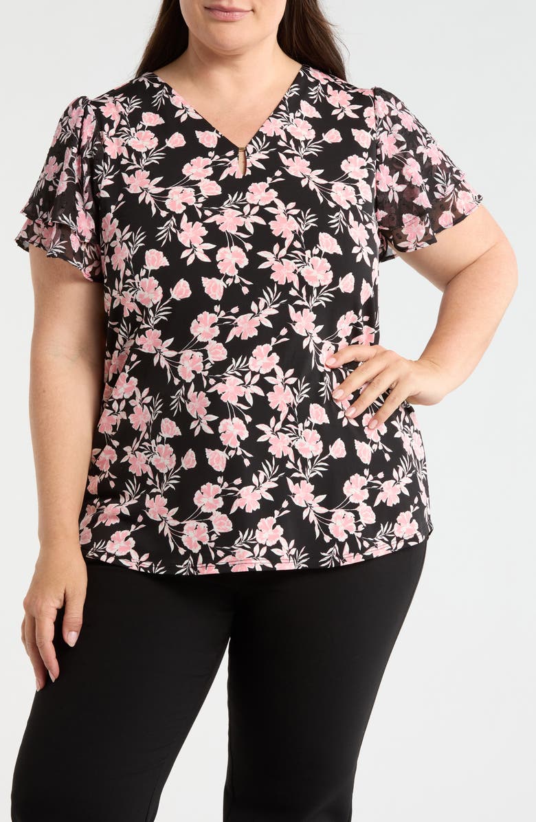 Jones New York Double Flutter Sleeve Top, Main, color, Jones Black Multi