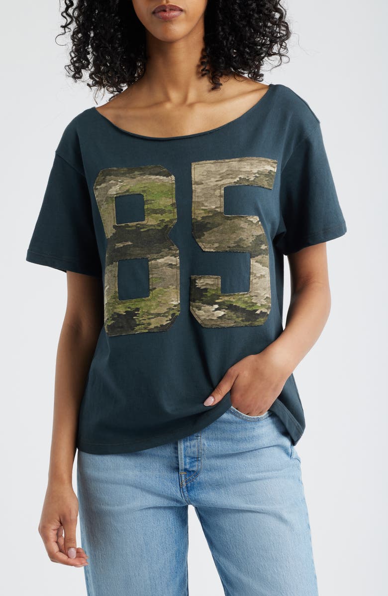 Daydreamer 85 Camo Appliqué Off the Shoulder Cotton T-Shirt, Main, color, Vintage Black
