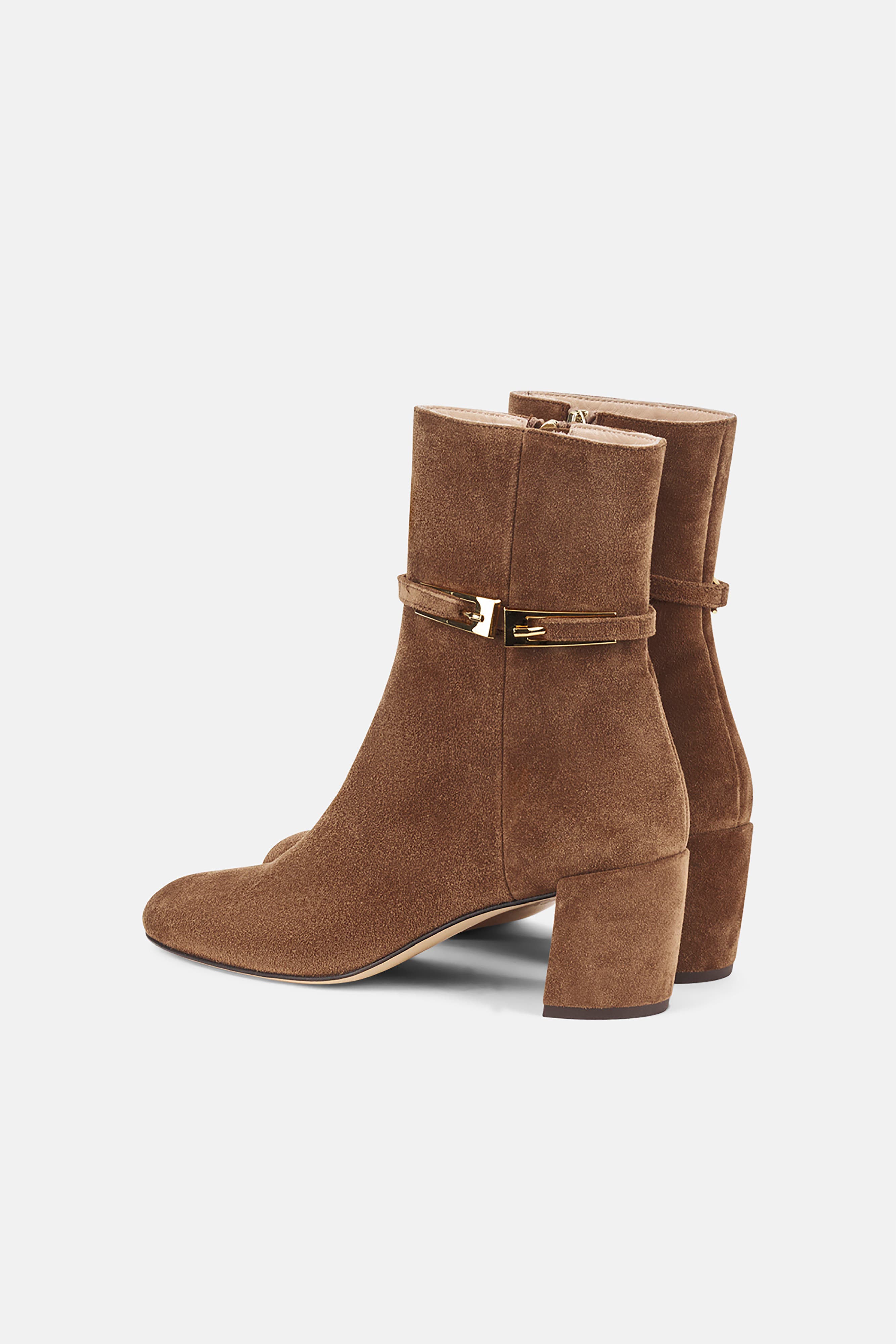 AGL Lynn Buckle Heeled Suede Bootie, Alternate, color, Light Brown