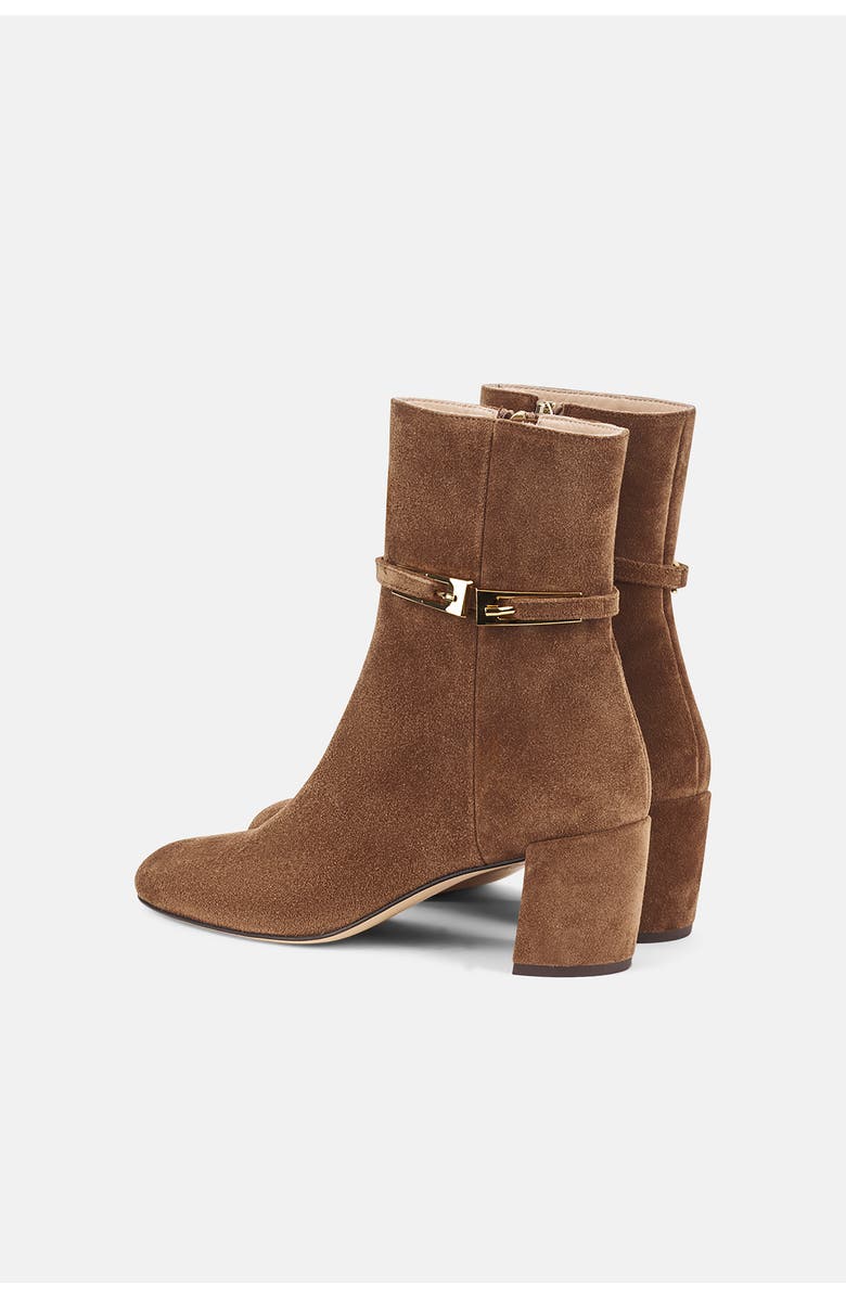 AGL Lynn Buckle Heeled Suede Bootie, Alternate, color, Light Brown