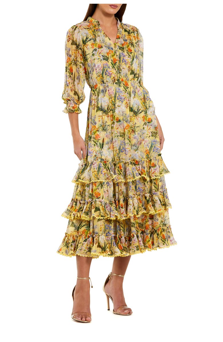 Mac Duggal Floral V-Neck Ruffle Midi Dress with 3/4 Sleeves, Main, color, Yellow Multi