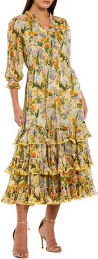 Mac Duggal Women's Floral V-Neck Ruffle Tiered Midi Dress with 3/4 Sleeves