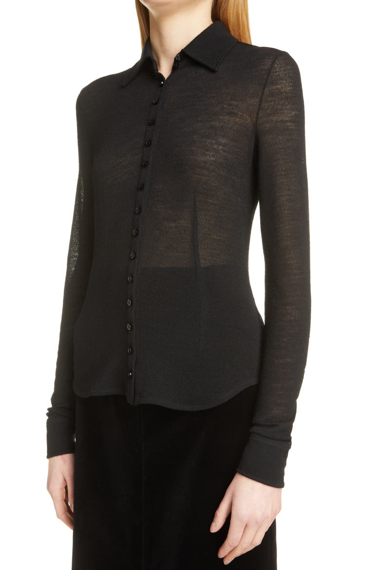 Fitted Wool Jersey Button-Up Shirt, Alternate, color, NOIR