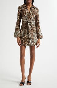 Cinq à Sept Leopard Print Long Sleeve Denim Dress