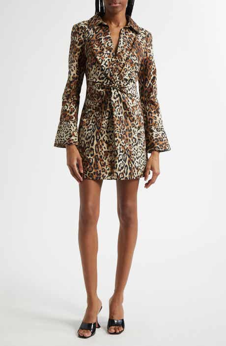 Cinq à Sept Leopard Print Long Sleeve Denim Dress