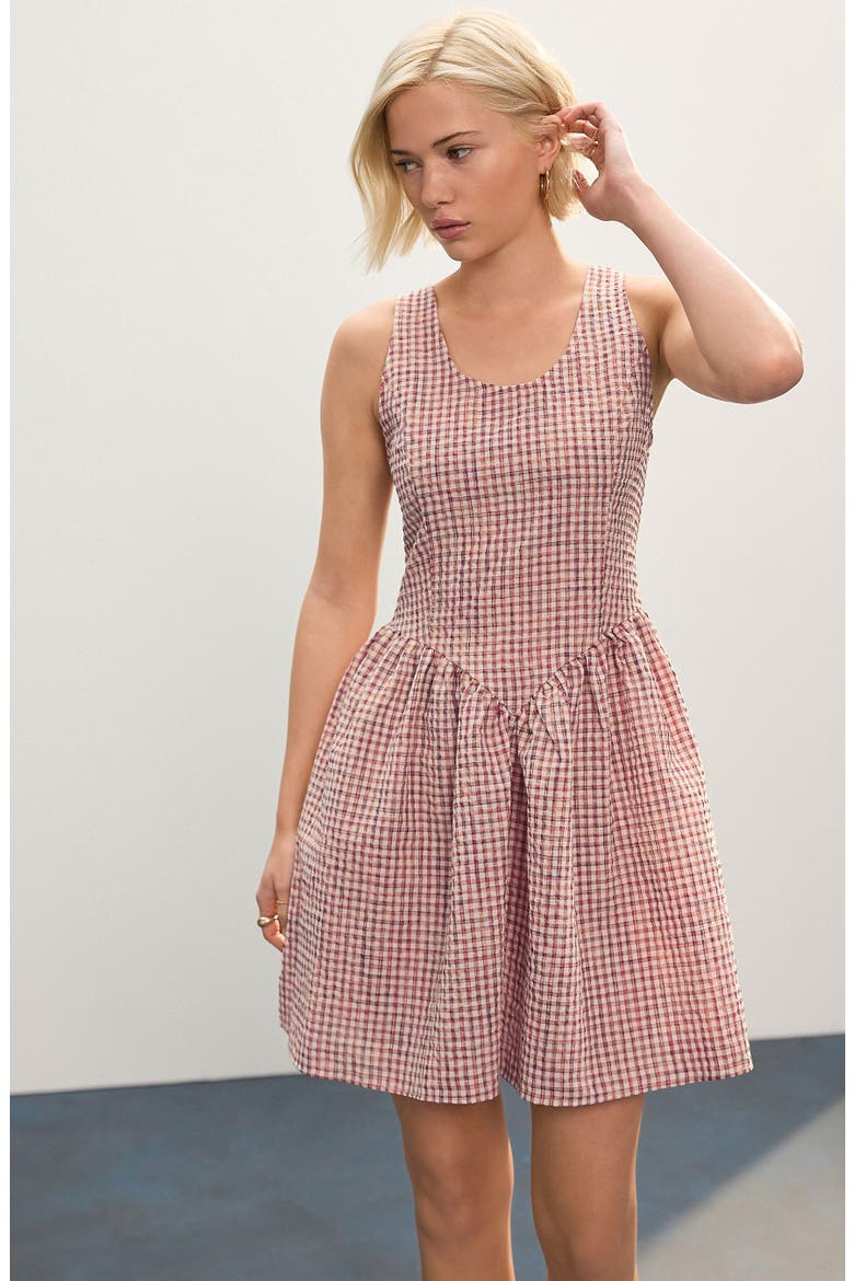 Sleeveless Gingham Cotton Blend Minidress, Alternate, color, BROWN