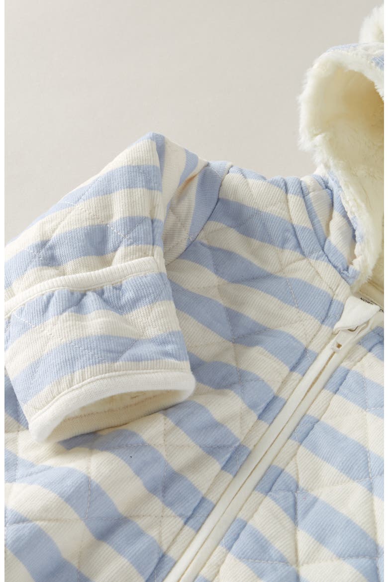 Ear Appliqué Quilted Faux Fur Lined Hooded Bunting, Alternate, color, BLUE FEATHER STRIPE