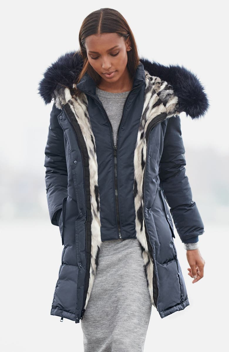 1 Madison Faux Fur Trim Chintz Hooded Down Coat, Alternate, color, 