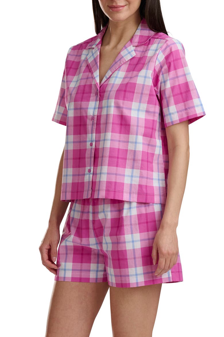 Plaid Short Sleeve Notch Top and Boxer Pajamas, Alternate, color, PLAID