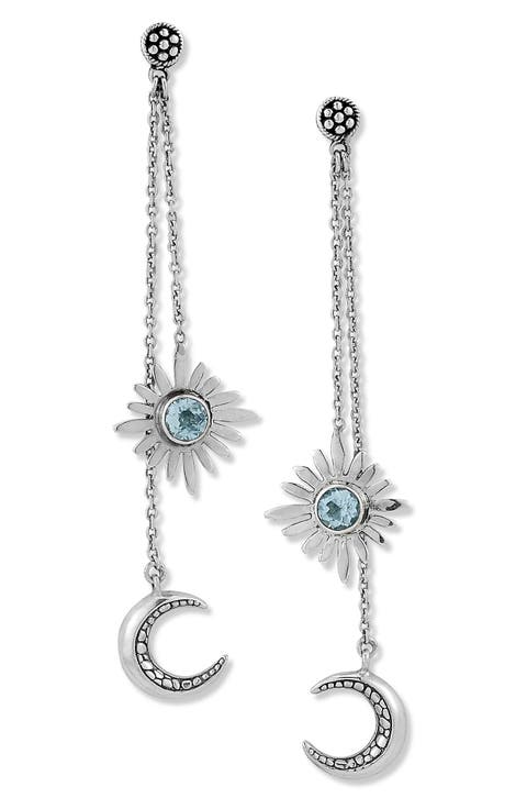 Blue Topaz Moon & Star Chain Drop Earrings