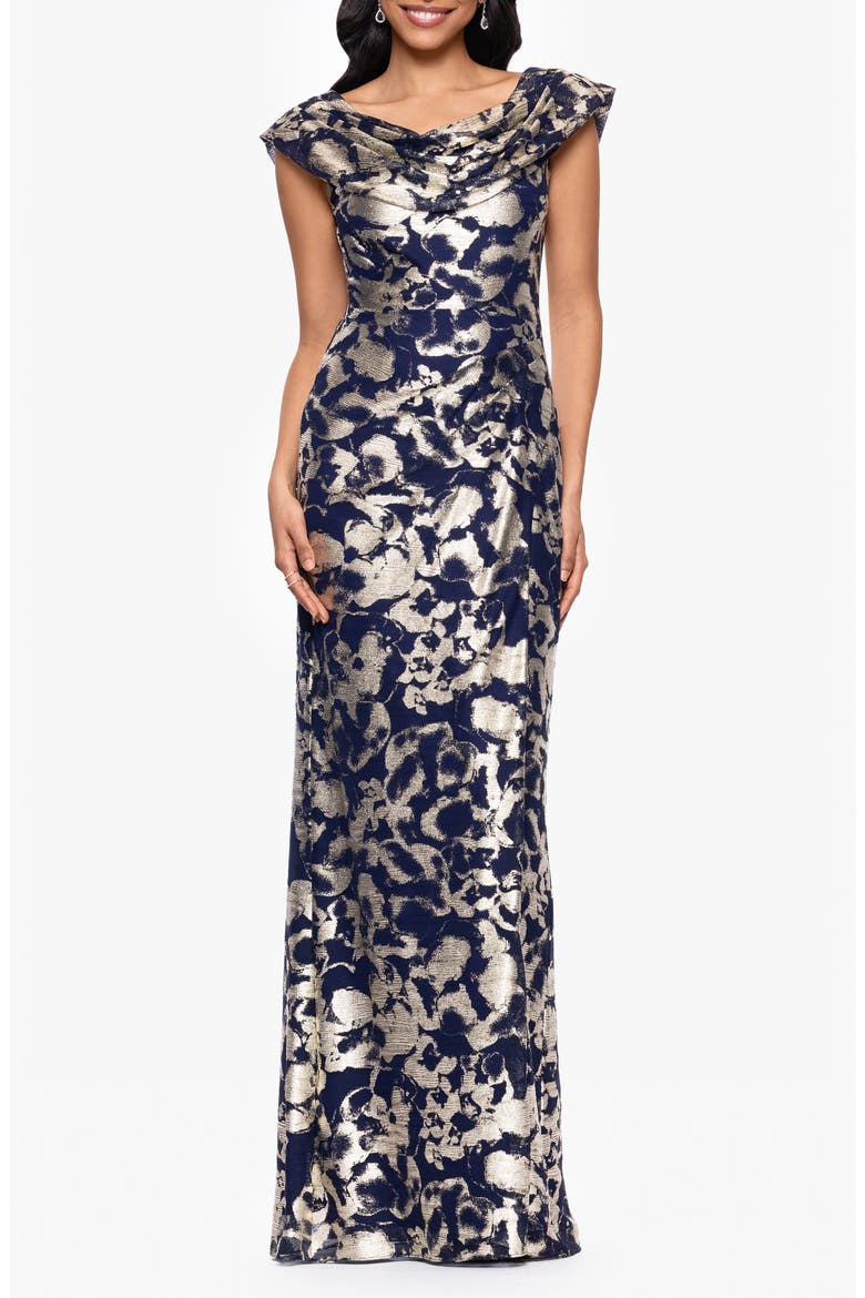 Metallic Floral Cowl Neck Sheath Gown, Main, color, NAVY/ GOLD