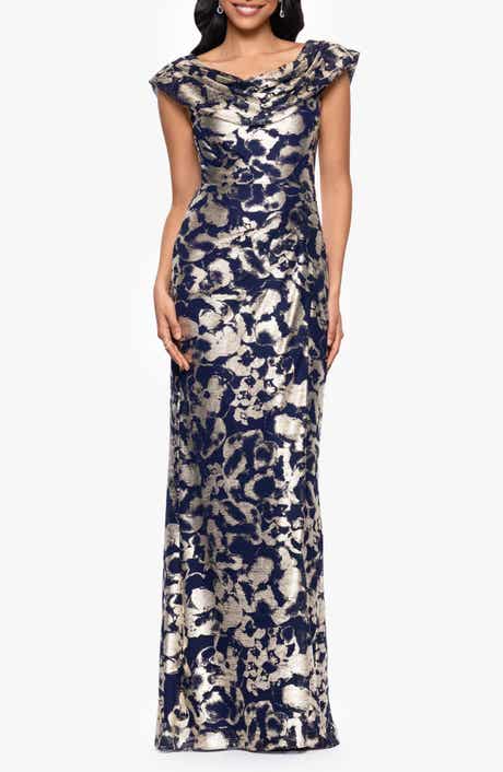 Betsy & Adam Metallic Floral Cowl Neck Sheath Gown