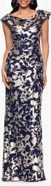 Betsy & Adam Metallic Floral Cowl Neck Sheath Gown
