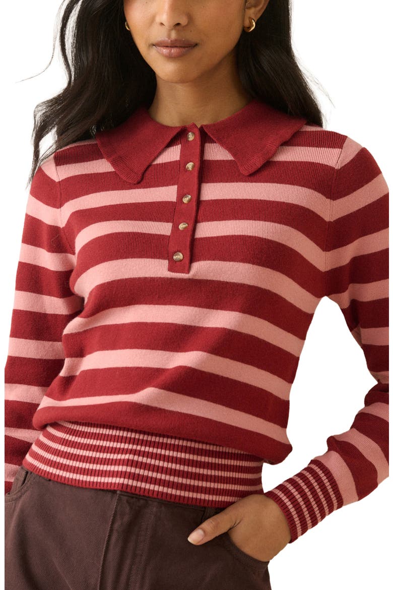 Stripe Ruffle Collar Polo Sweater, Main, color, PINK