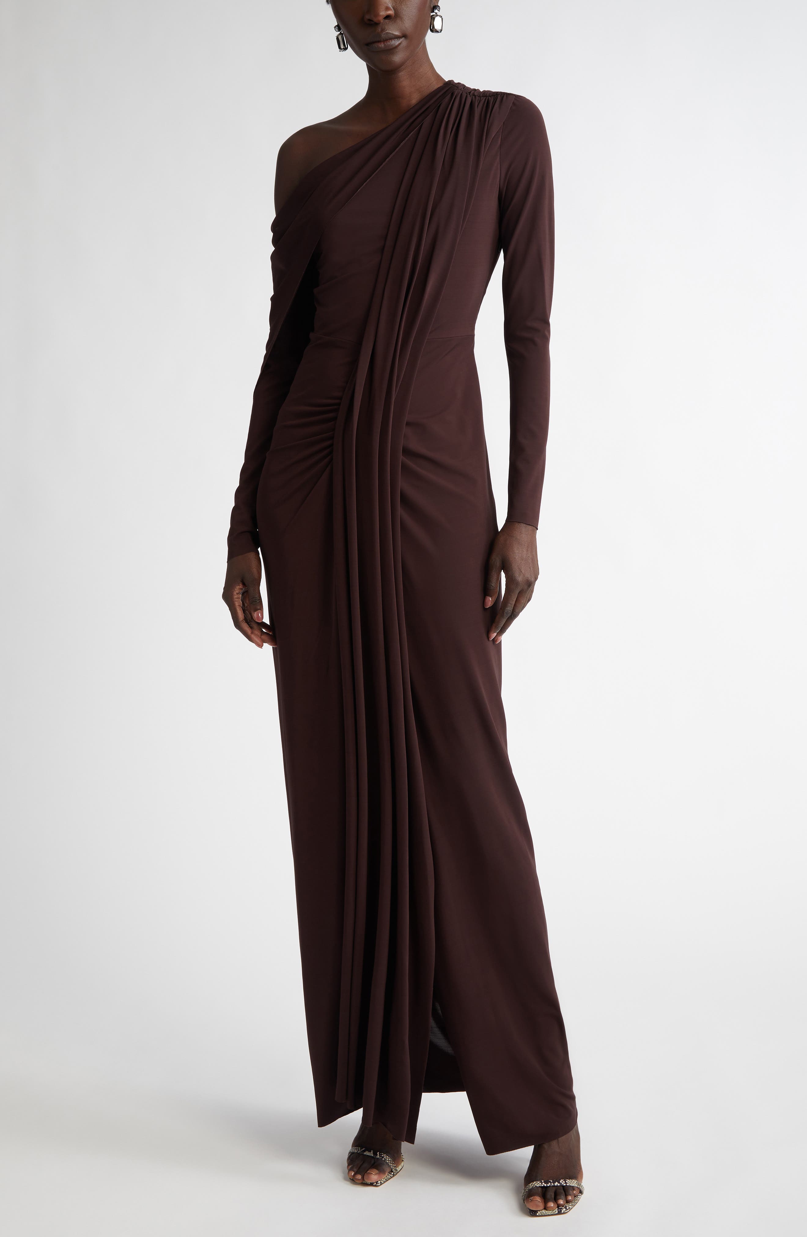 Jason Wu Collection One-Shoulder Long Sleeve Draped Gown in Bark 