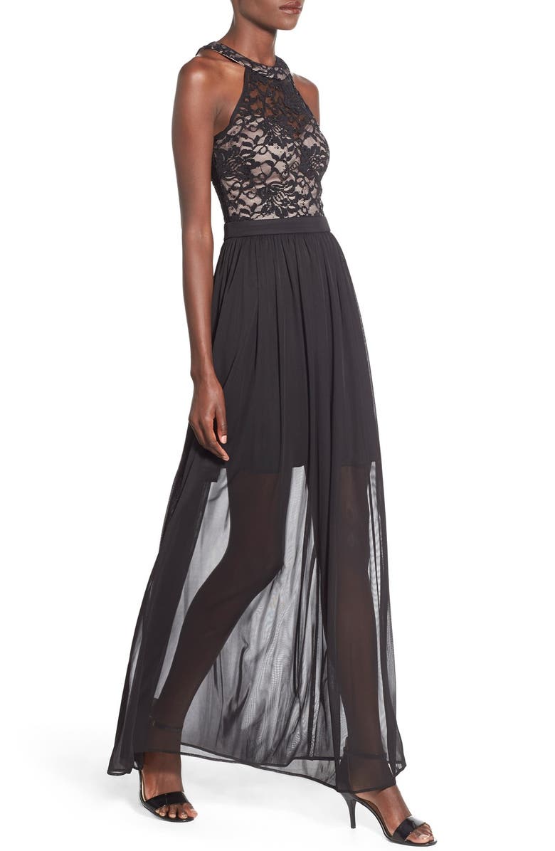 Morgan & Co. Lace Halter Chiffon Maxi Dress, Alternate, color, 