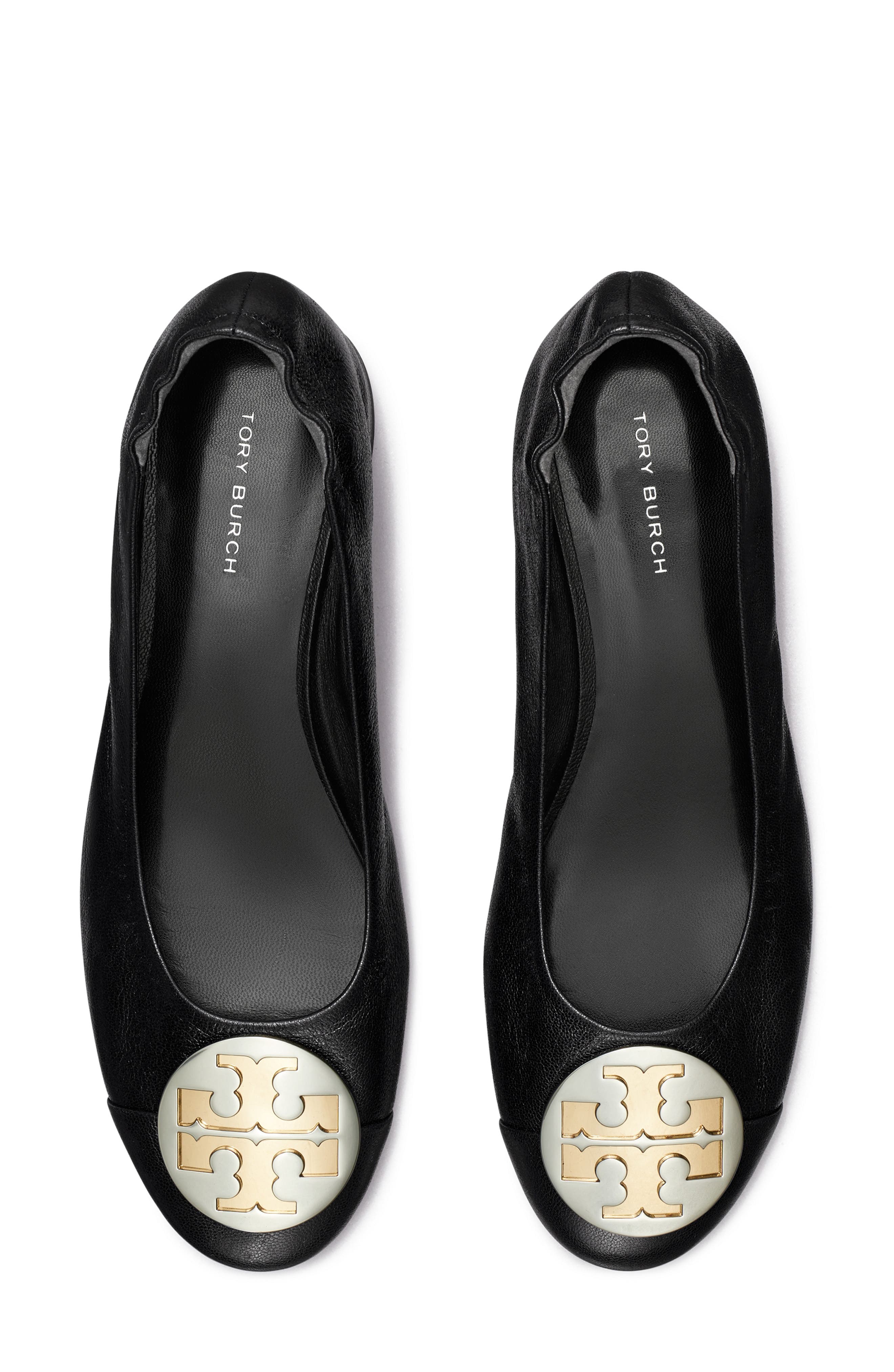 Tory Burch Claire Cap Toe Ballet Flat, Alternate, color, Perfect Black / Gold / Silver