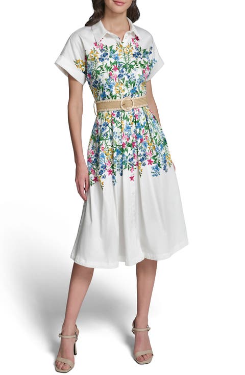 Placed Floral Print Belted Midi Shirtdress