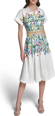 KARL LAGERFELD PARIS Placed Floral Print Belted Midi Shirtdress