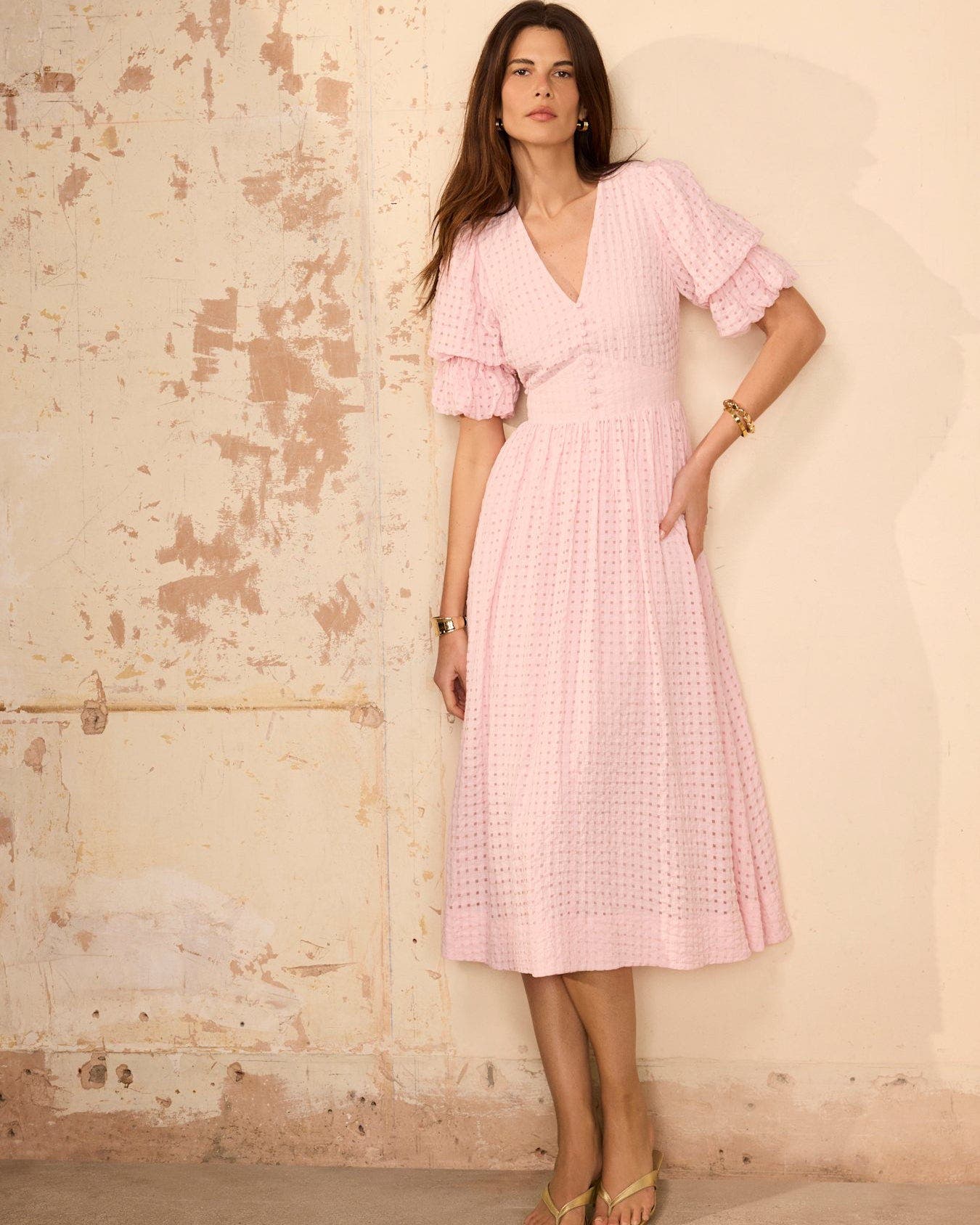 dutch ruched checked midi dress by paper london DEN Madelaine checked organic cotton-voile midi dress