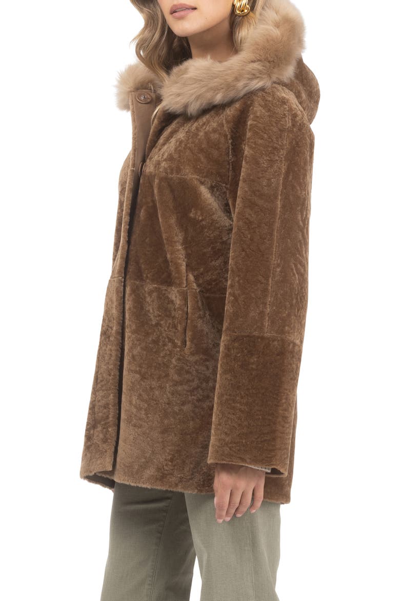 Reversible Textured Genuine Shearling Parka with Genuine Shearling Trim, Alternate, color, CAMEL/CAMEL