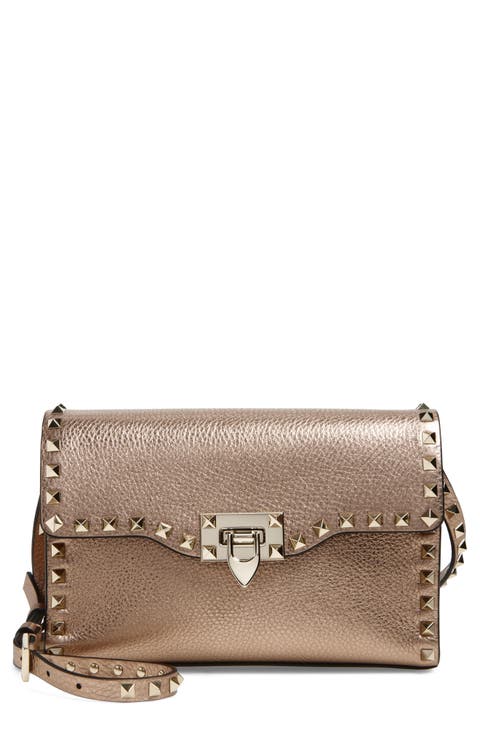 Small Rockstud Grained Metallic Leather Shoulder Bag