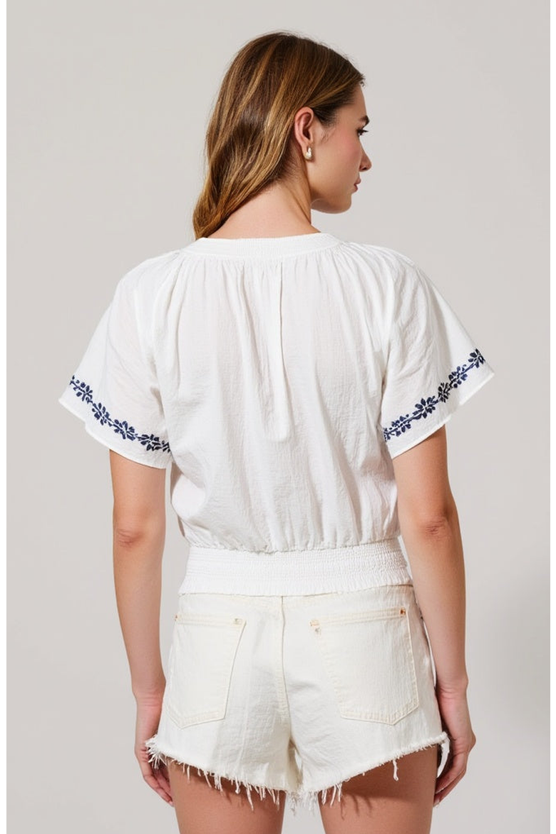 Short-Sleeve Embroidered Peasant Blouse, Alternate, color, White / Blue