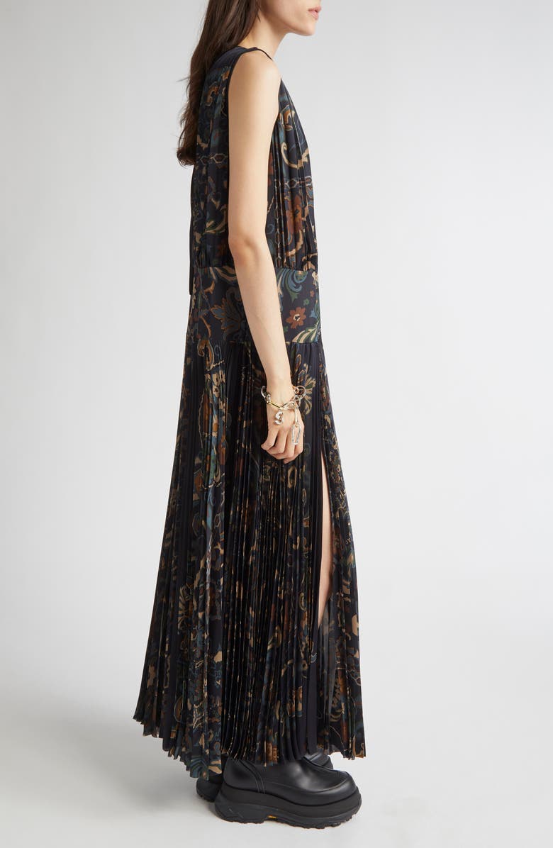 Sacai Floral Sleeveless Gathered & Pleated Dress, Alternate, color, Navy