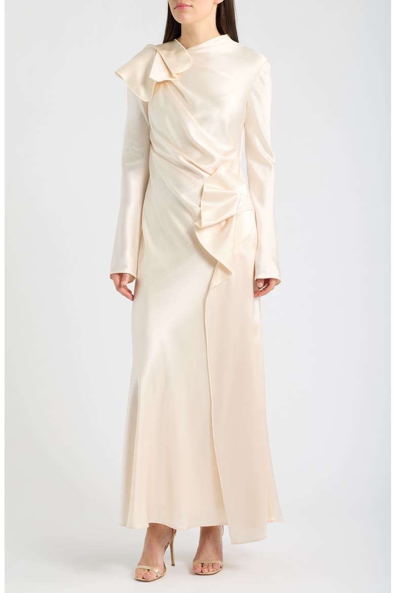 Ramwark Long Sleeve Satin Gown, Main, color, PEARL