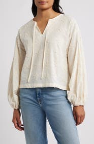 Bobeau Balloon Sleeve Tie Neck Cotton Top