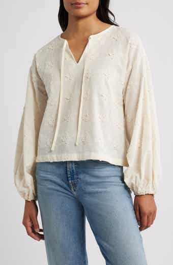 Bobeau Balloon Sleeve Tie Neck Cotton Top