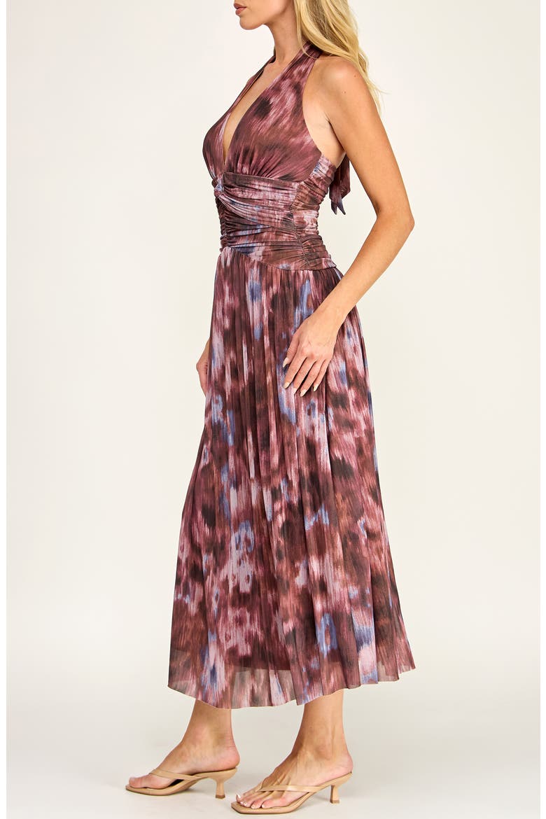 Abstract Print Mesh Halter Dress, Alternate, color, BURGUNDY/ CLAY/ PERIWINKLE