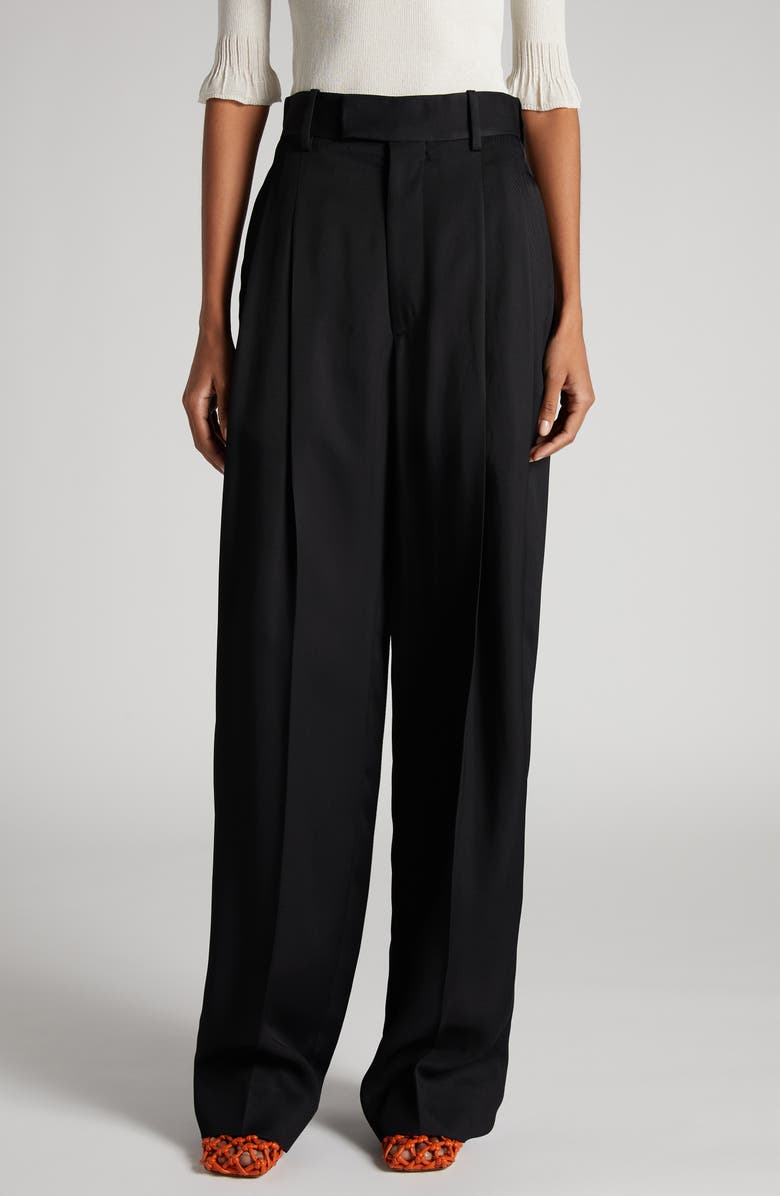 Bottega Veneta Pleated Viscose & Mulberry Silk Twill Straight Leg Trousers, Main, color, 1000 Black